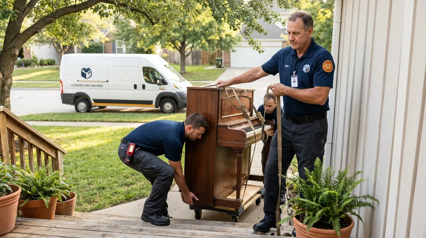 Licensed piano movers securing grand piano in Azusa, CA