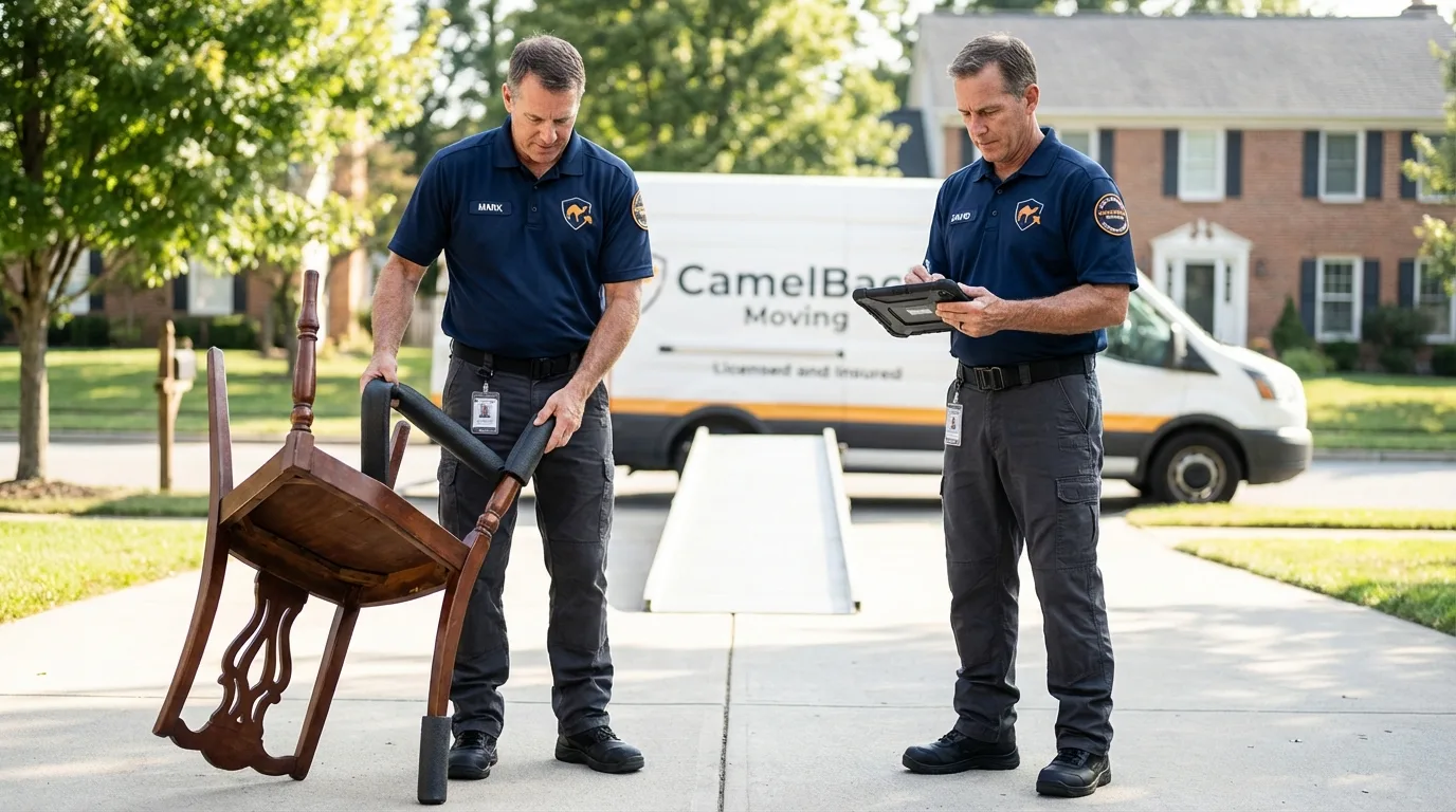 Movers inspecting furniture for damage prevention before loading in Azusa, CA