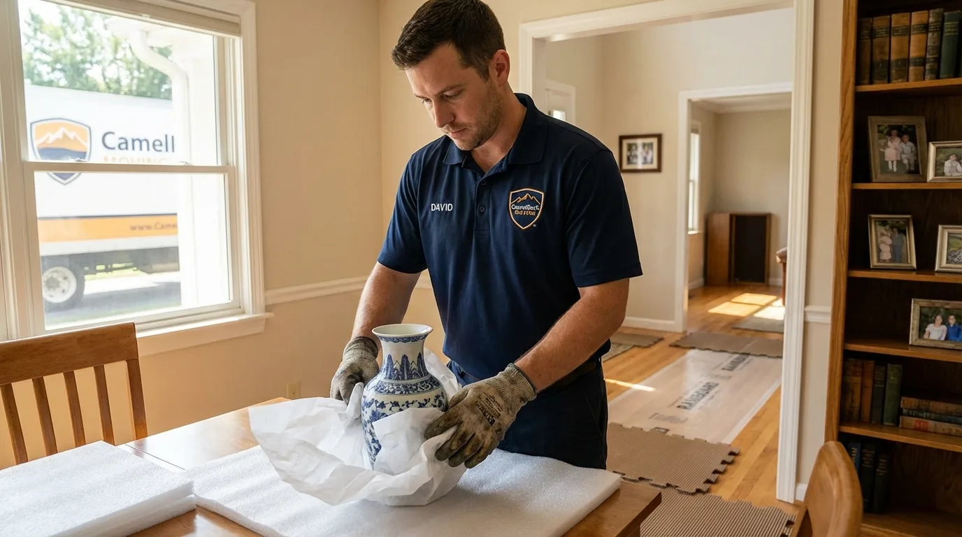 Professional crew carefully wrapping antique vase for senior downsizing move in Azusa, CA